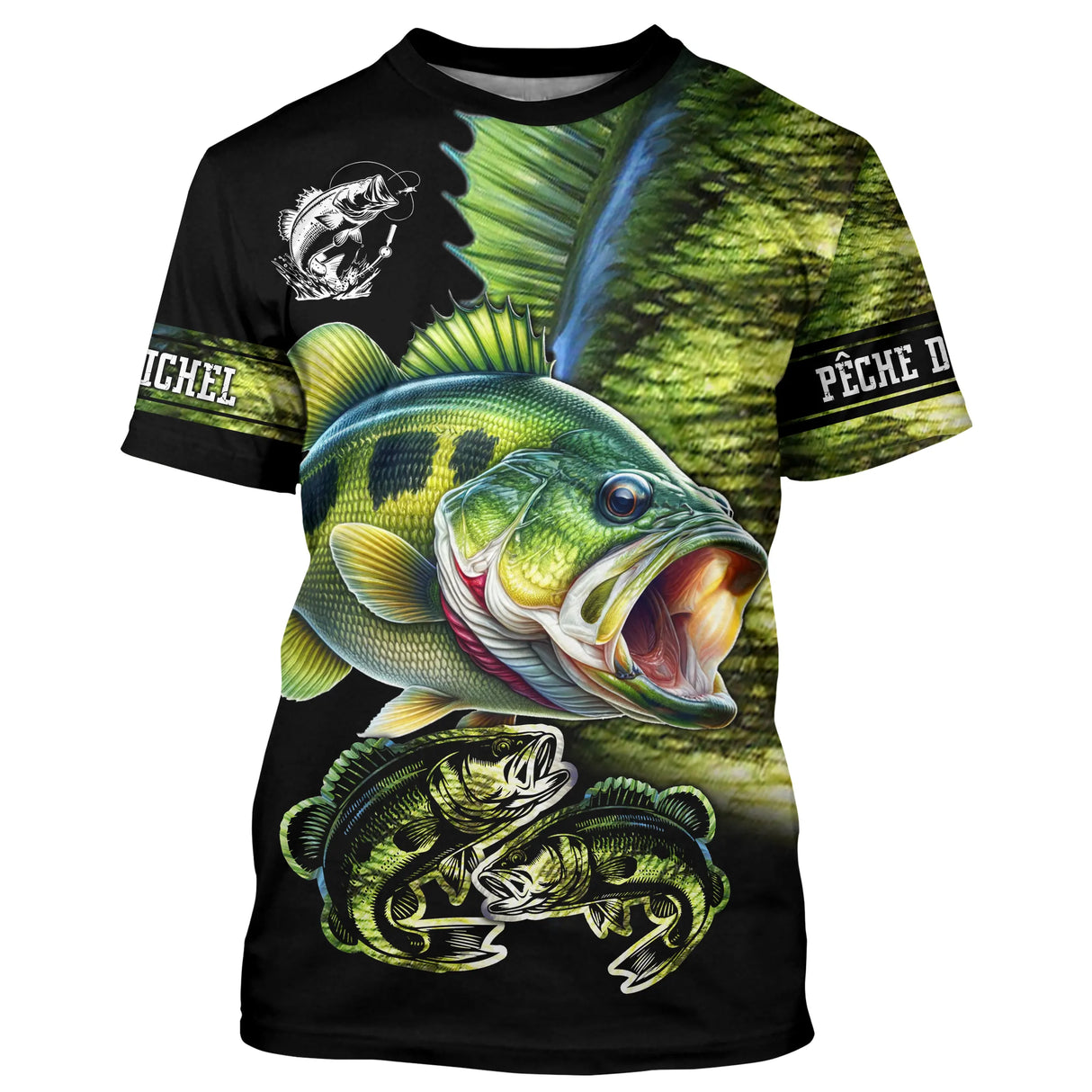T-shirt pêche bar all-over peau écaillée verte motif perche-bar gueule ouverte respirant écologique prénom personnalisé