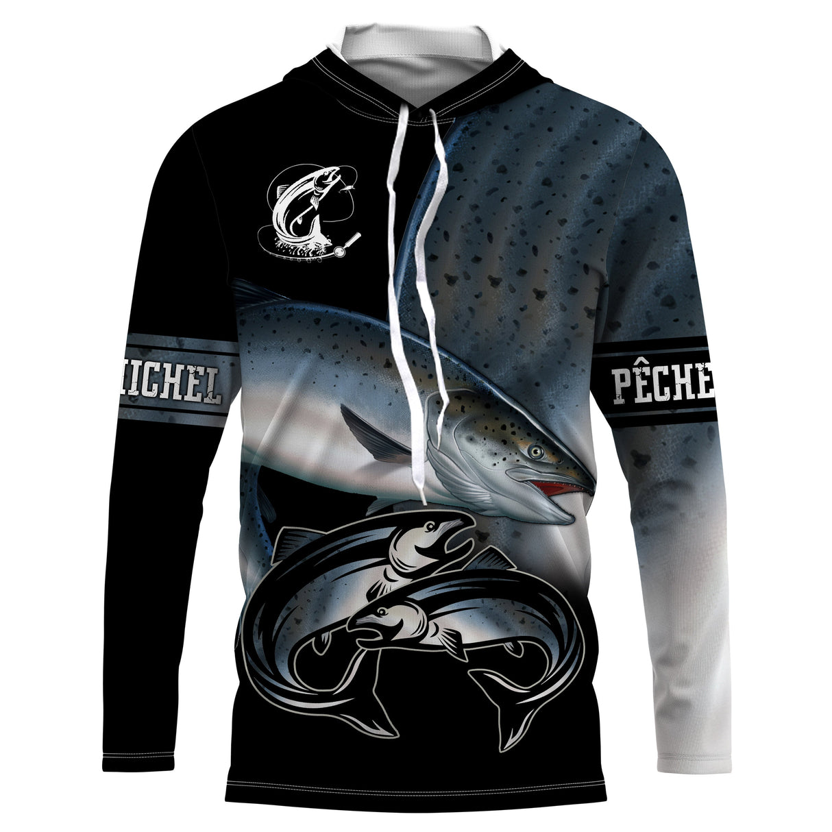 Hoodie pêche saumon all-over fond noir motif saumon argenté pleine remontée prénom personnalisé moucheur