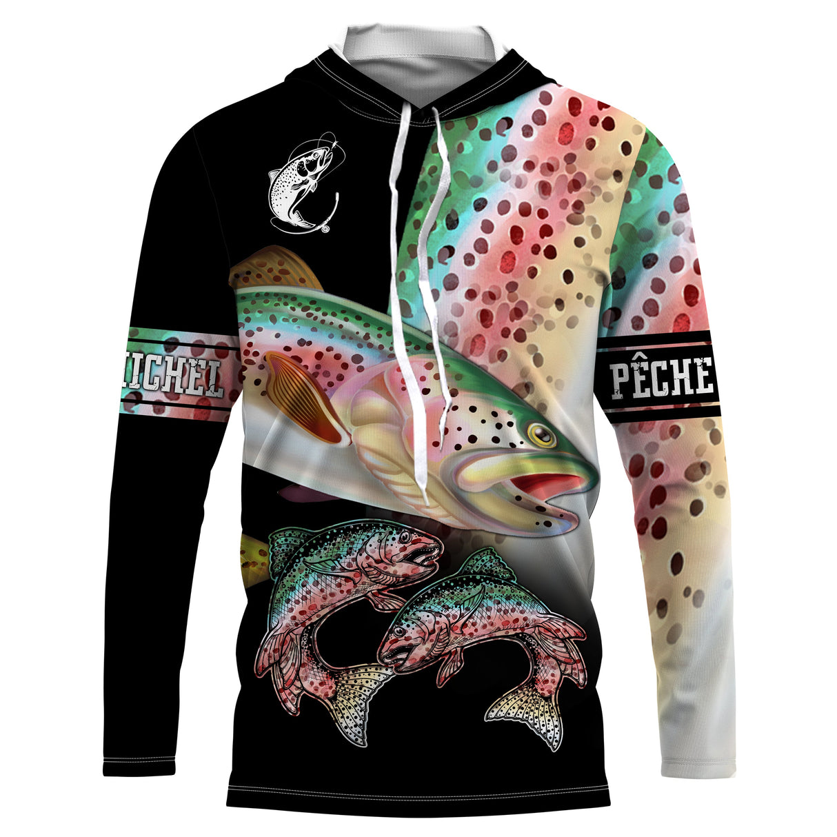 Hoodie pêche truite all-over fond noir motif truite arc-en-ciel torrent montagne prénom personnalisé