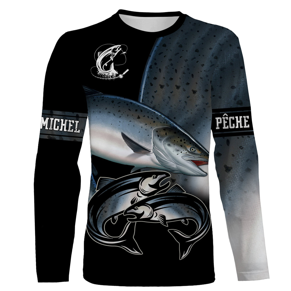 T-shirt manches longues pêche saumon all-over fond noir motif saumon argenté prénom personnalisé moucheur