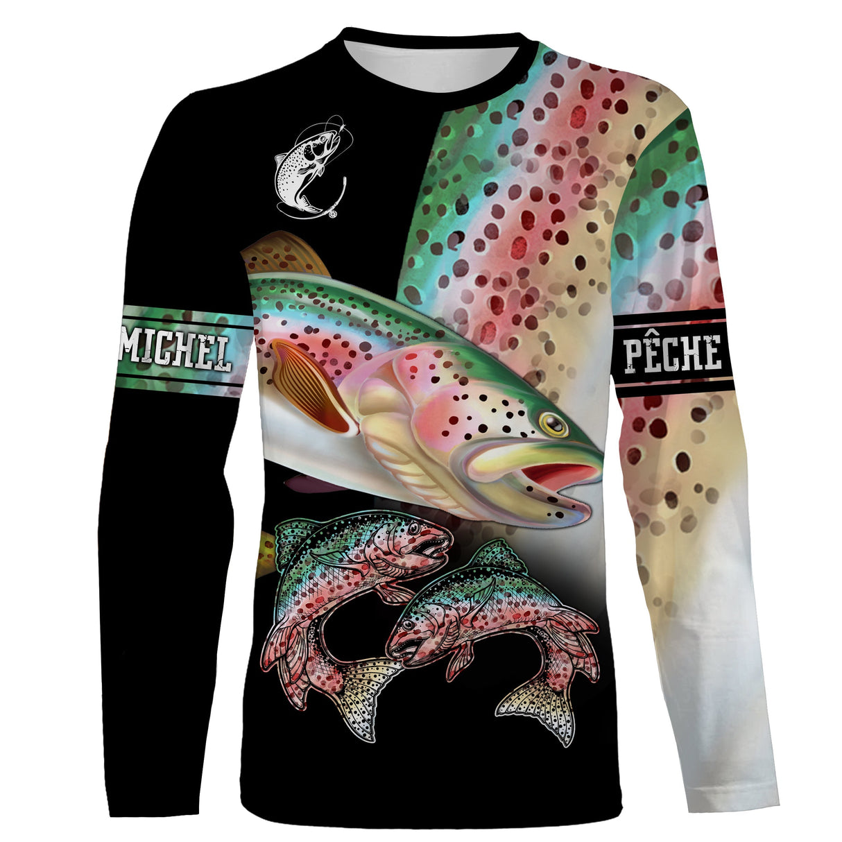 T-shirt manches longues pêche truite all-over fond noir motif truite arc-en-ciel salmonidé prénom personnalisé