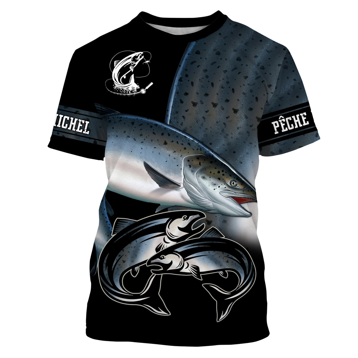 T-shirt pêche saumon all-over fond noir motif saumon argenté métallisé en pleine remontée prénom personnalisé