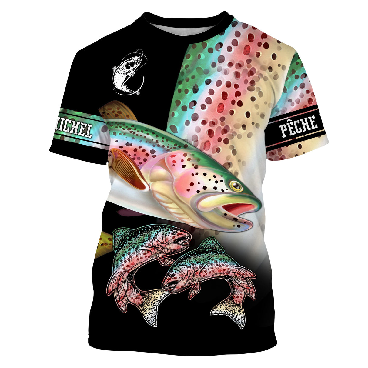 T-shirt pêche truite all-over fond noir motif truite arc-en-ciel rose jaune verte multicolore prénom personnalisé