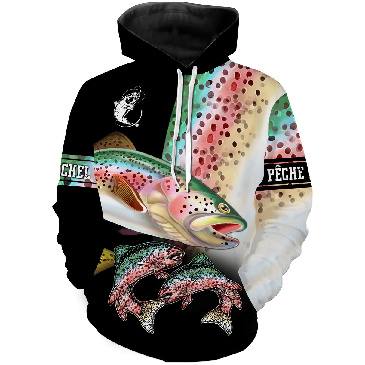 Sweat capuche pêche truite all-over fond noir motif truite multicolore alpine prénom personnalisé moucheur