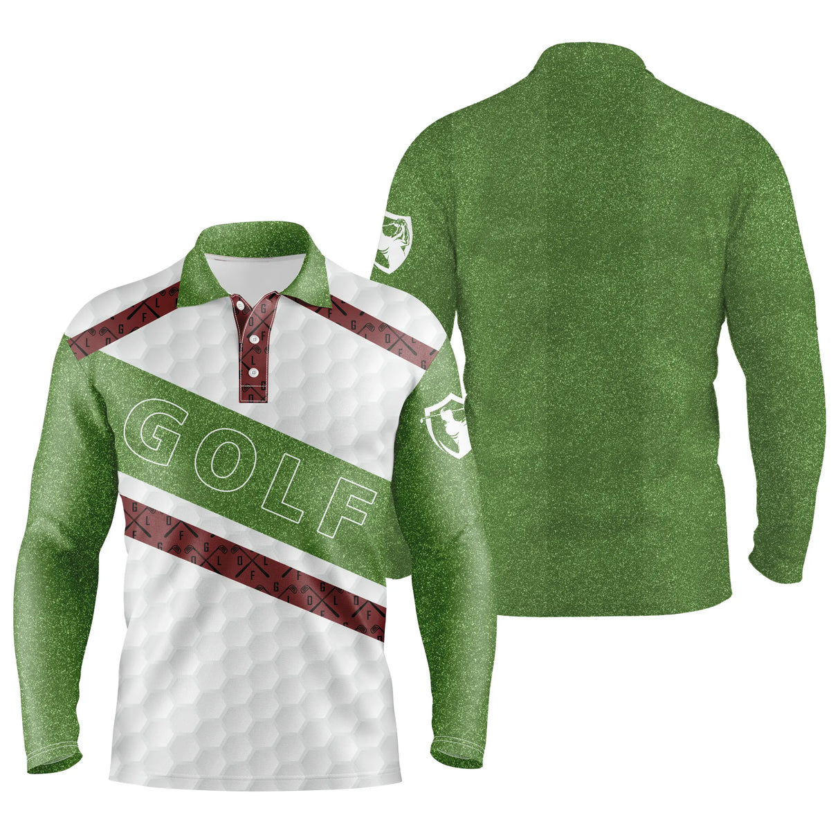 Polo manches longues golf unisexe blanc sac de clubs bordeaux inscription GOLF tissu technique respirant