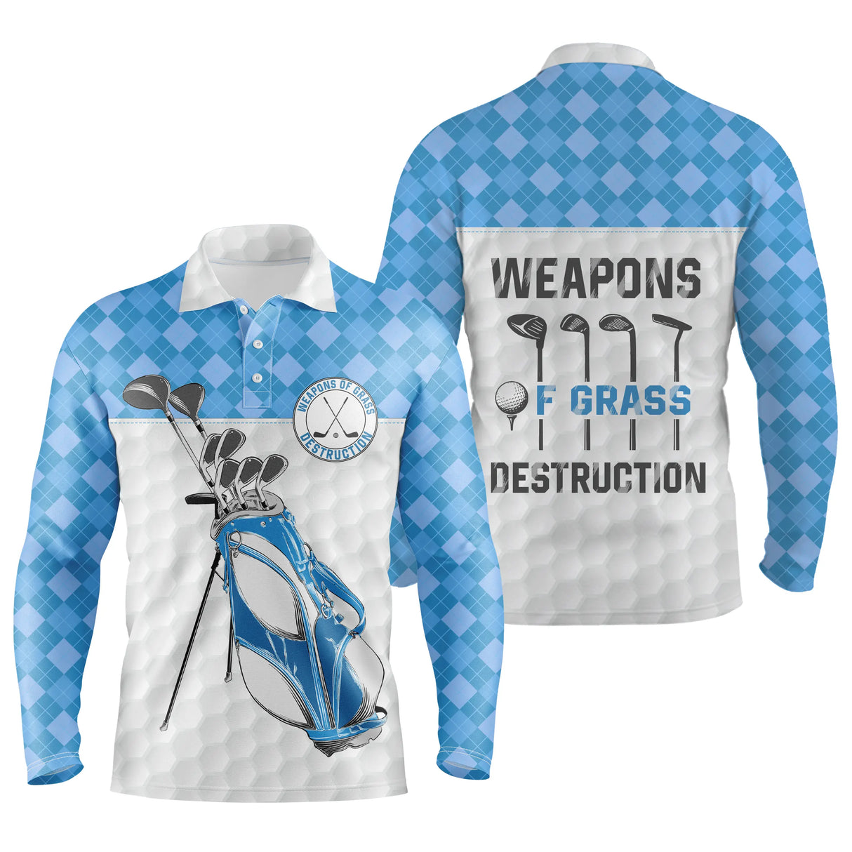 Polo manches longues golf unisexe bleu clair argyle sac clubs slogan Weapons of Grass Destruction tissu respirant