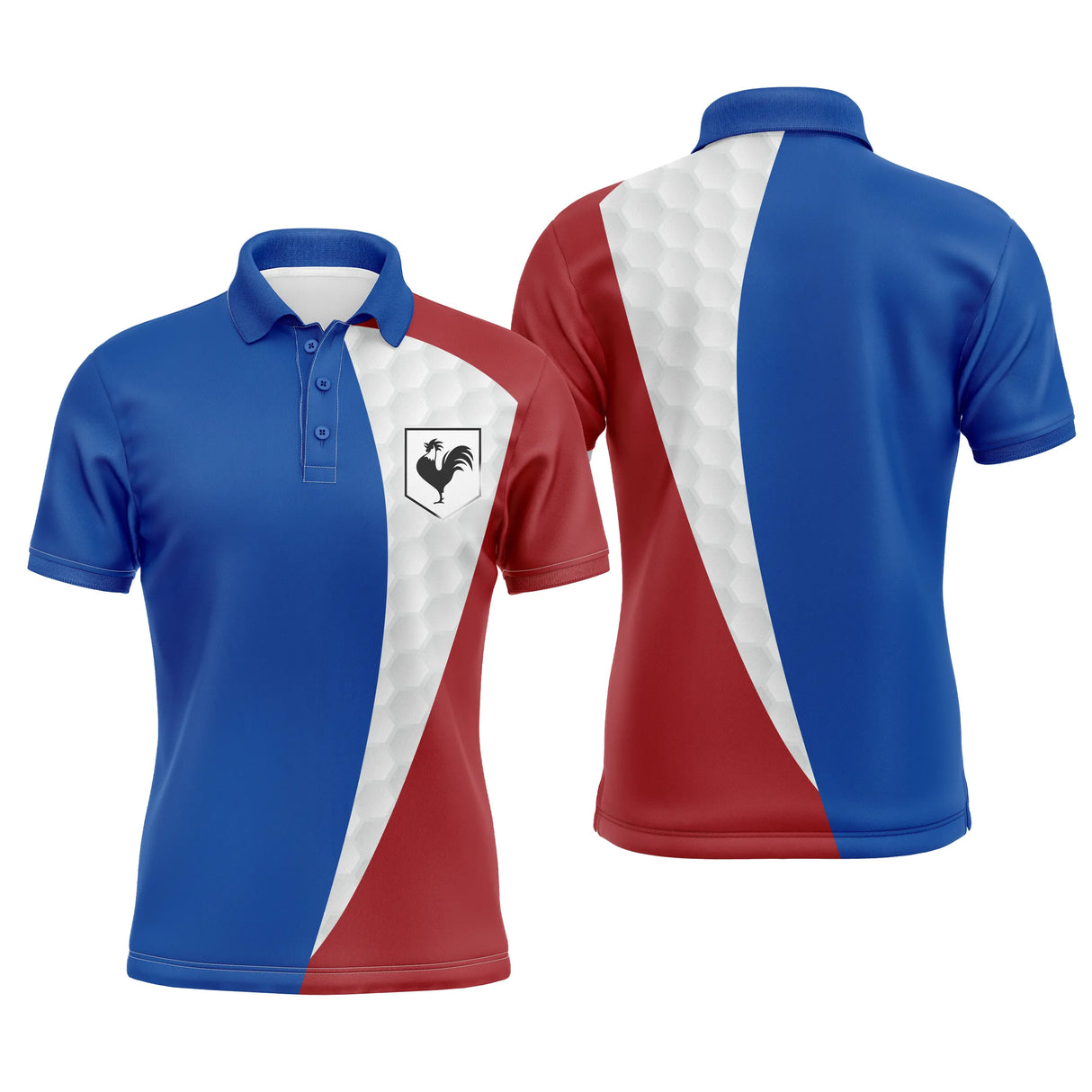 Polo golf homme drapeau France bleu blanc rouge tricolore médaillon coq stylisé insert balle de golf coupe ajustée