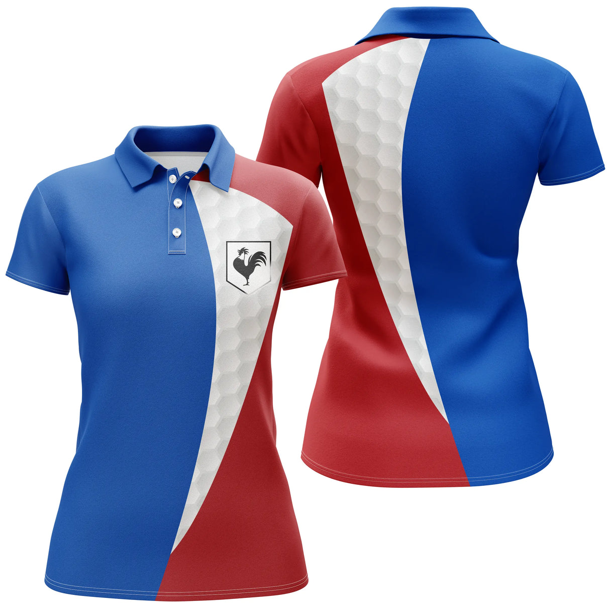 Polo golf femme drapeau France bleu blanc rouge tricolore médaillon coq insert balle de golf coupe cintrée