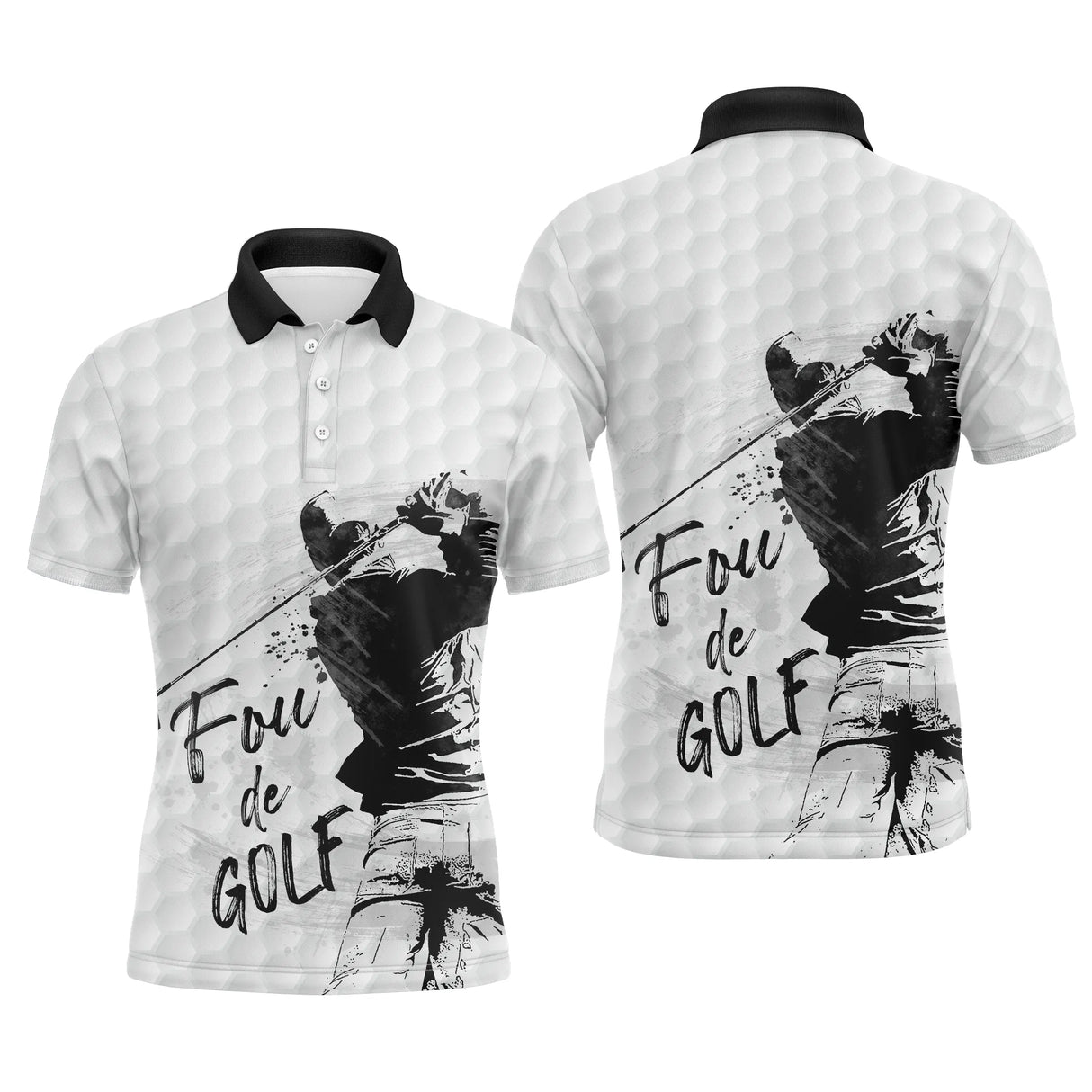 Polo golf homme blanc texture balle de golf silhouette golfeur swing grunge noire slogan Fou de Golf typographie cursive