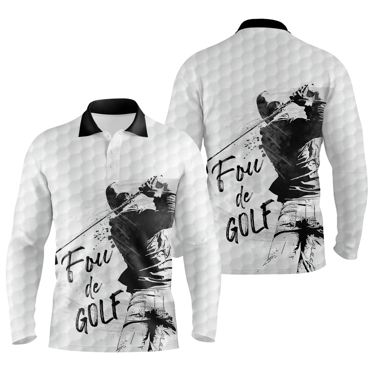 Polo manches longues golf unisexe blanc silhouette golfeur grunge noire slogan Fou de Golf tissu respirant