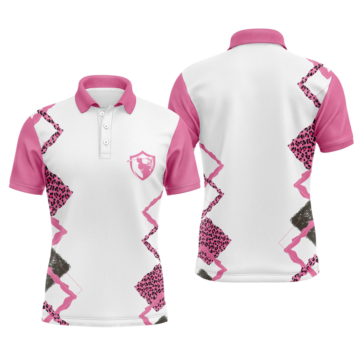 Polo golf homme blanc zigzag rose vif motif léopard noir col et manches rose framboise médaillon central