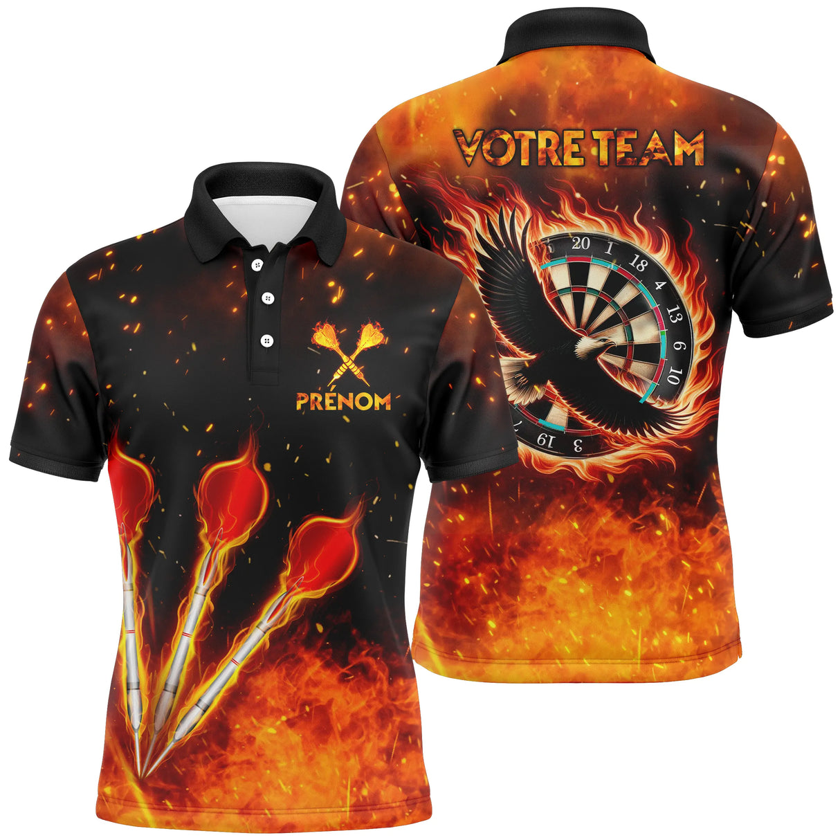 Polo fléchettes orange et noir homme all-over avec flammes et cibles Flammes Tournoi, prénom et équipe personnalisés