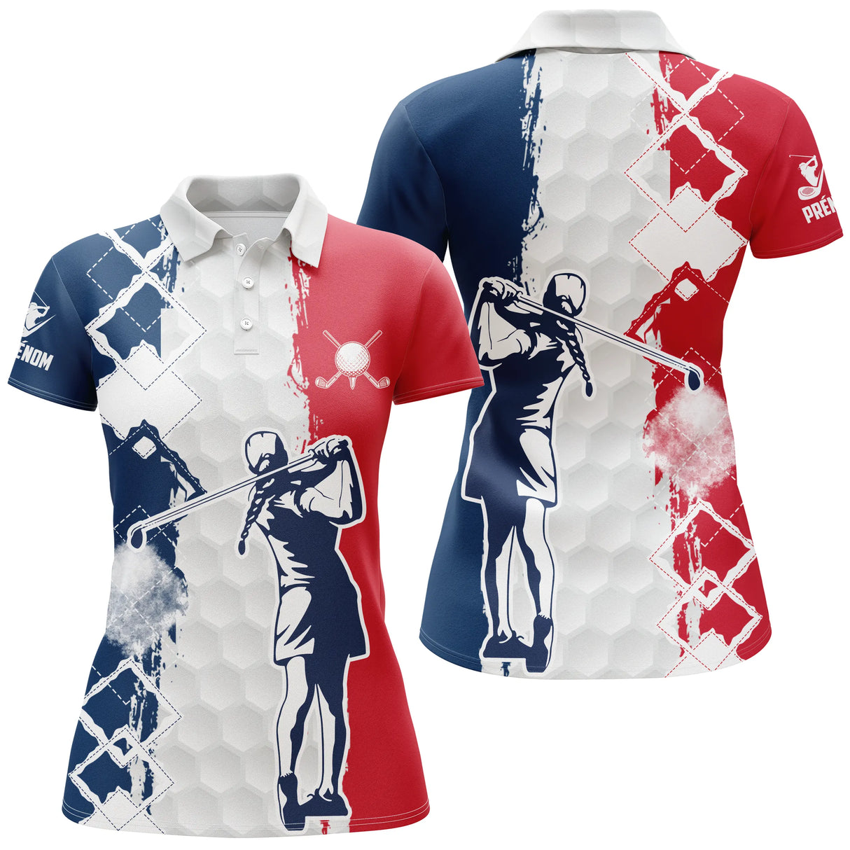 Polo golf tricolore femme avec balle blanche et silhouette swing sur fond bleu rouge, prénom personnalisé