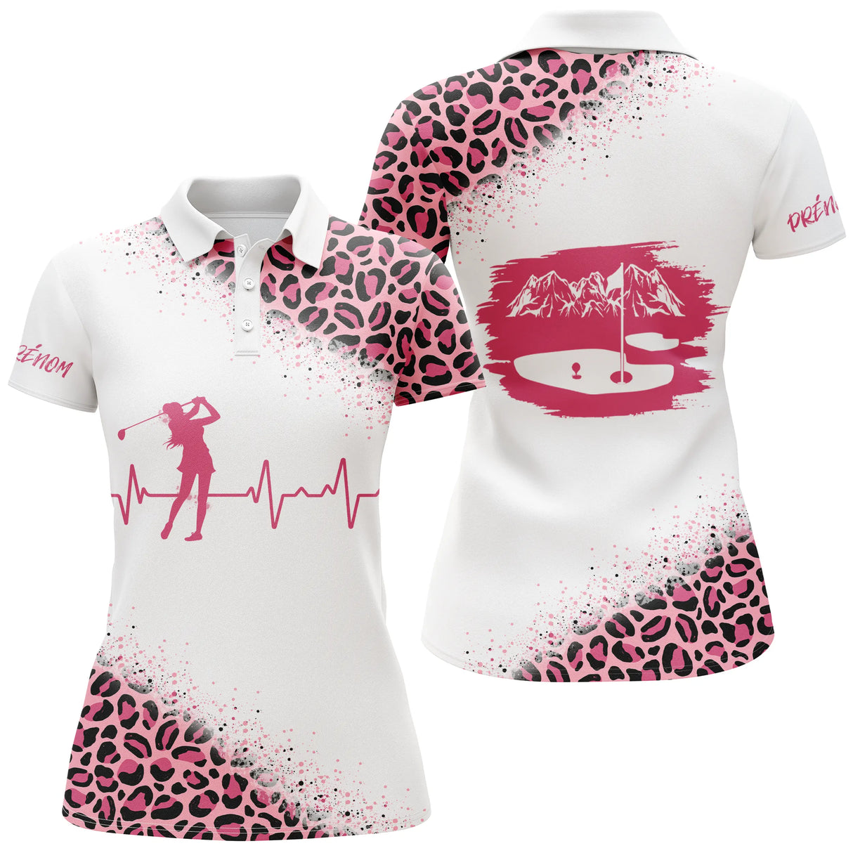 Polo golf blanc et violet femme avec léopard, silhouette golfeuse en swing et coeur, prénom personnalisé