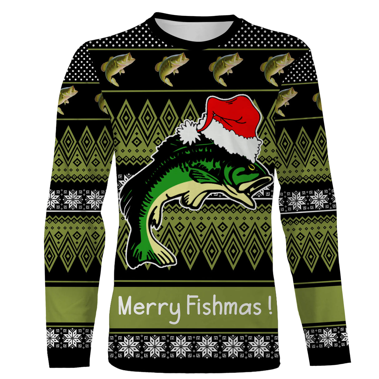 Sweater Noël Merry Fishmas jacquard vert, coupe unisexe humour pêcheur pour famille halieutique