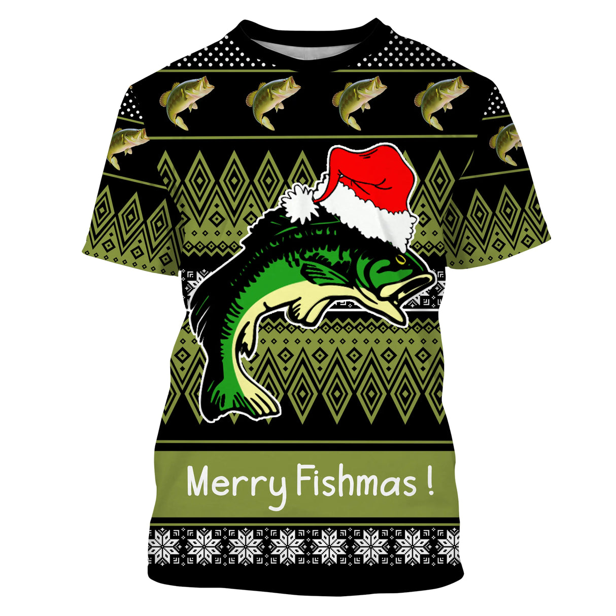 Pull Noël Merry Fishmas vert sapin avec poisson coiffé bonnet Père Noël et lettrage manuscrit, motifs jacquard