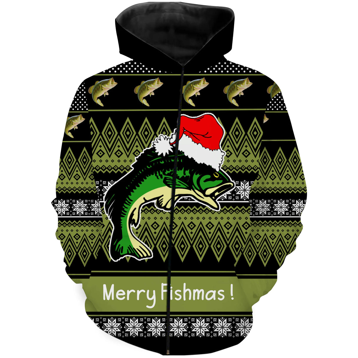 T-shirt Noël Merry Fishmas vert, design all-over festif pour amateur halieutique au pied du sapin