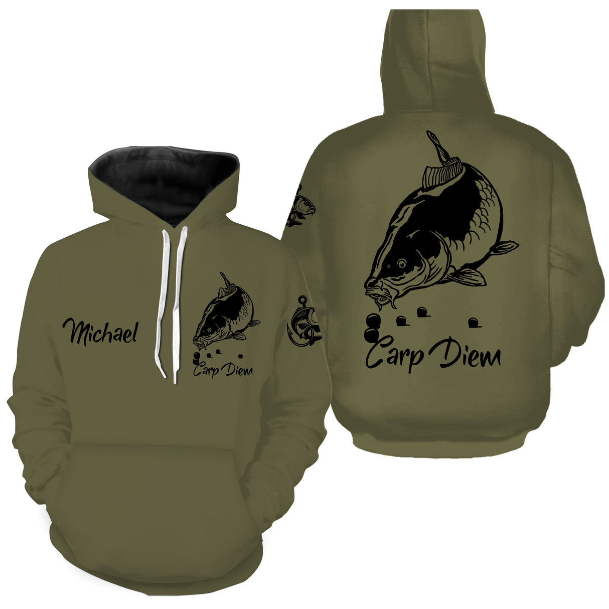 Sweat capuche pêche carpe vert kaki Carp Diem prénom personnalisable poche kangourou
