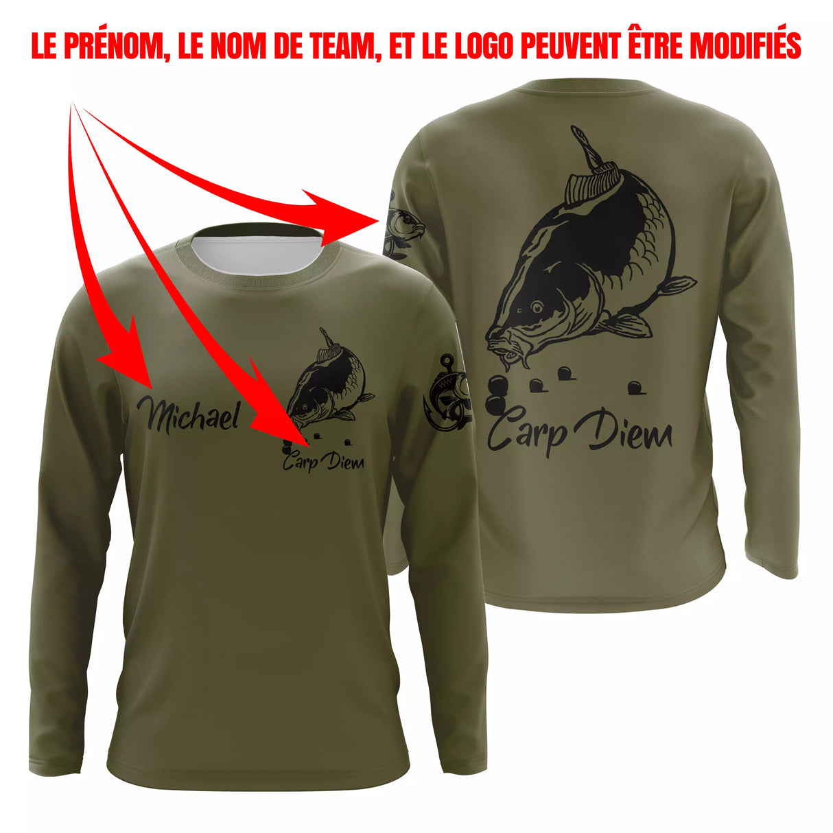 T-shirt pêche carpe vert kaki vue manche prénom logo personnalisé sublimation Carp Diem