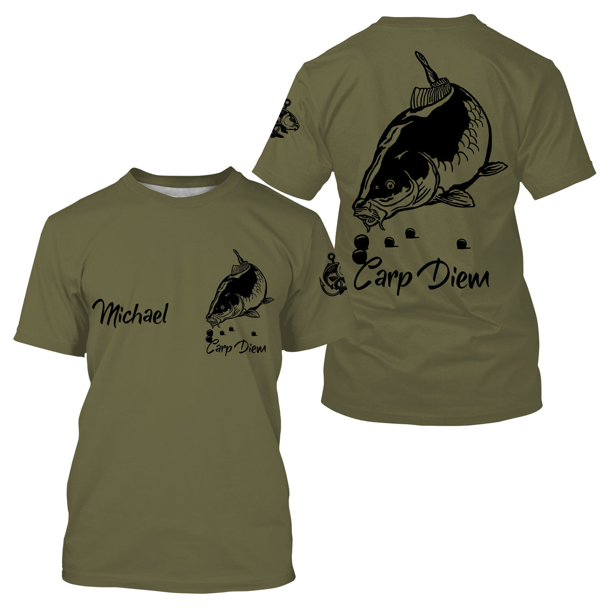 T-shirt pêche carpe vert kaki illustration carpe en saut Carp Diem prénom Michael manche personnalisé
