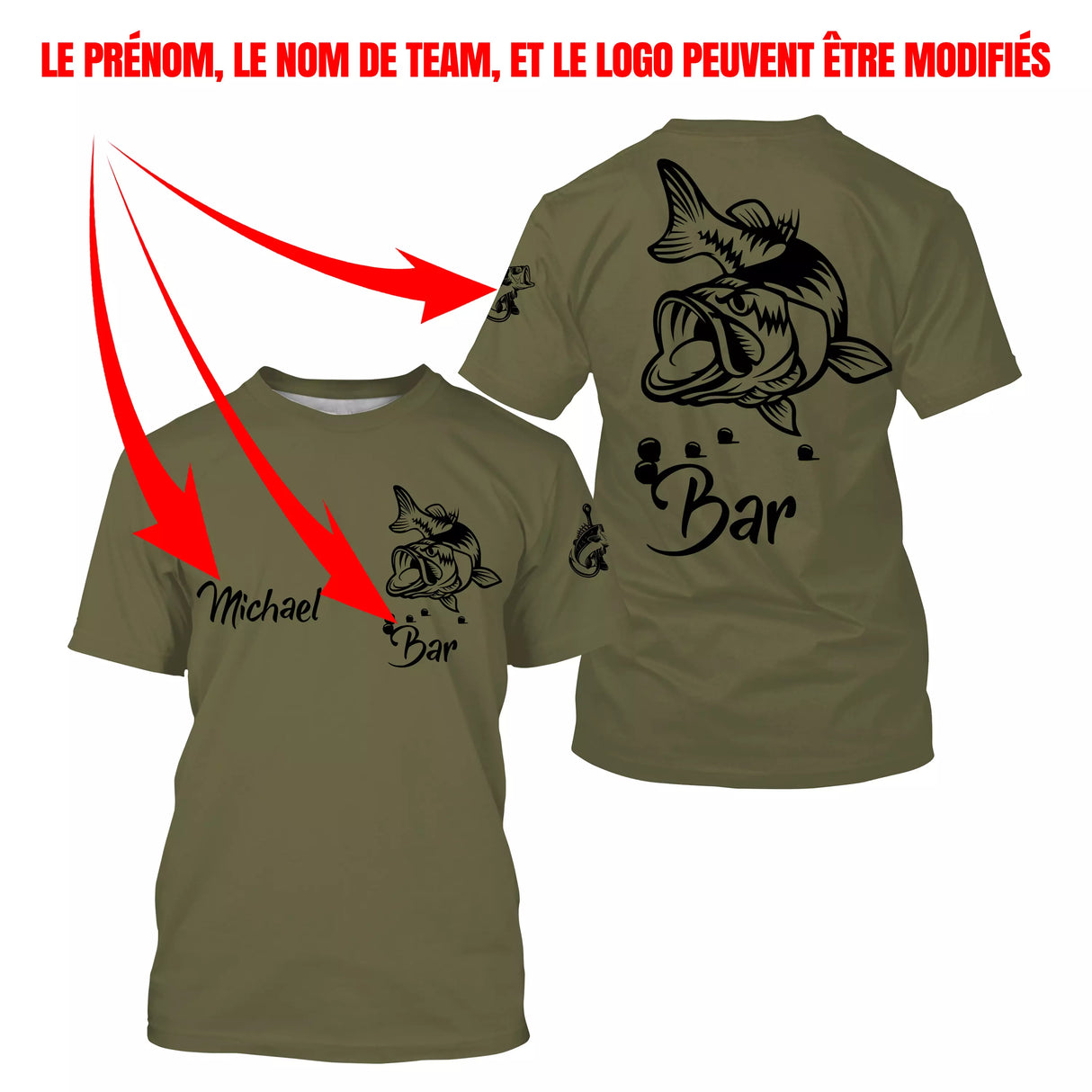 T-shirt pêche bar vert kaki vue manche prénom personnalisé sublimation loup de mer