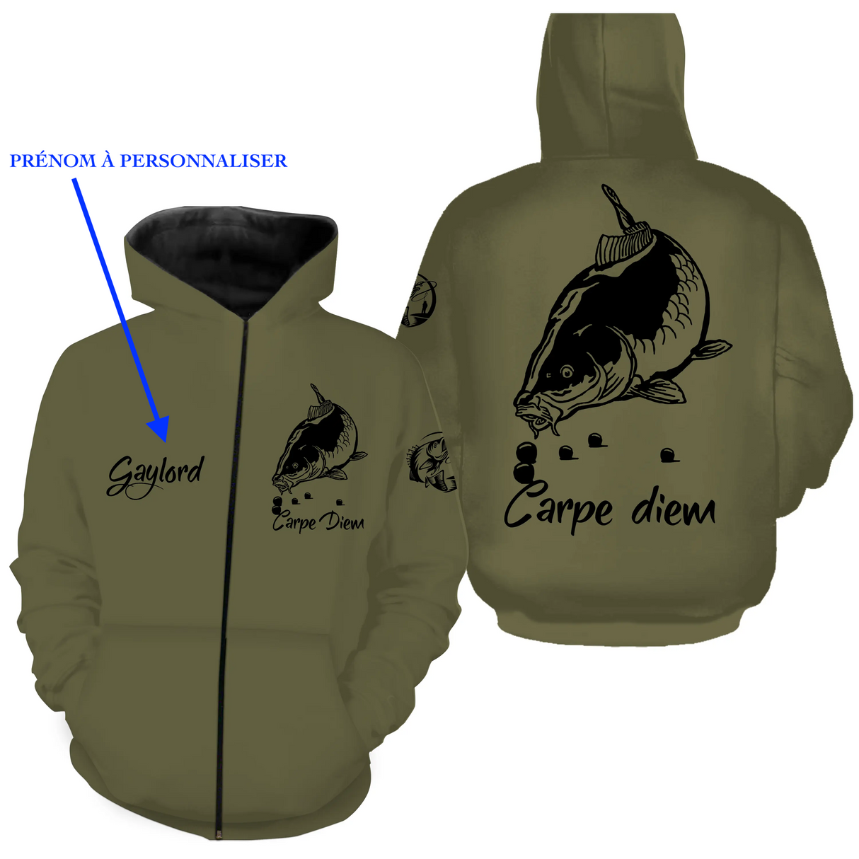 Gamme pêche carpe vert kaki ensemble t-shirt sweat anti UV design halieutique personnalisable