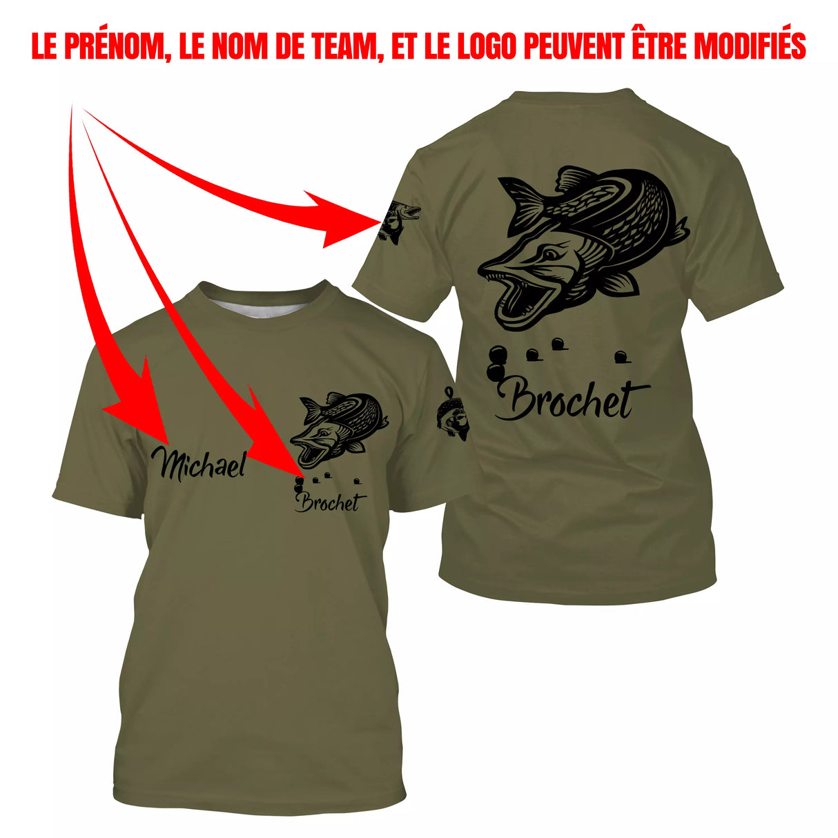 T-shirt pêche brochet kaki all-over silhouette brochet noire pêcheur prénom logo texte personnalisés AAPPMA