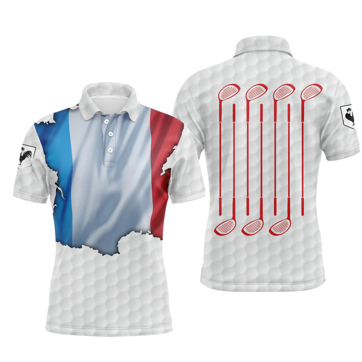 Polo golf homme blanc texture balle petit drapeau France carte tricolore clubs croisés rouges dos coupe ajustée