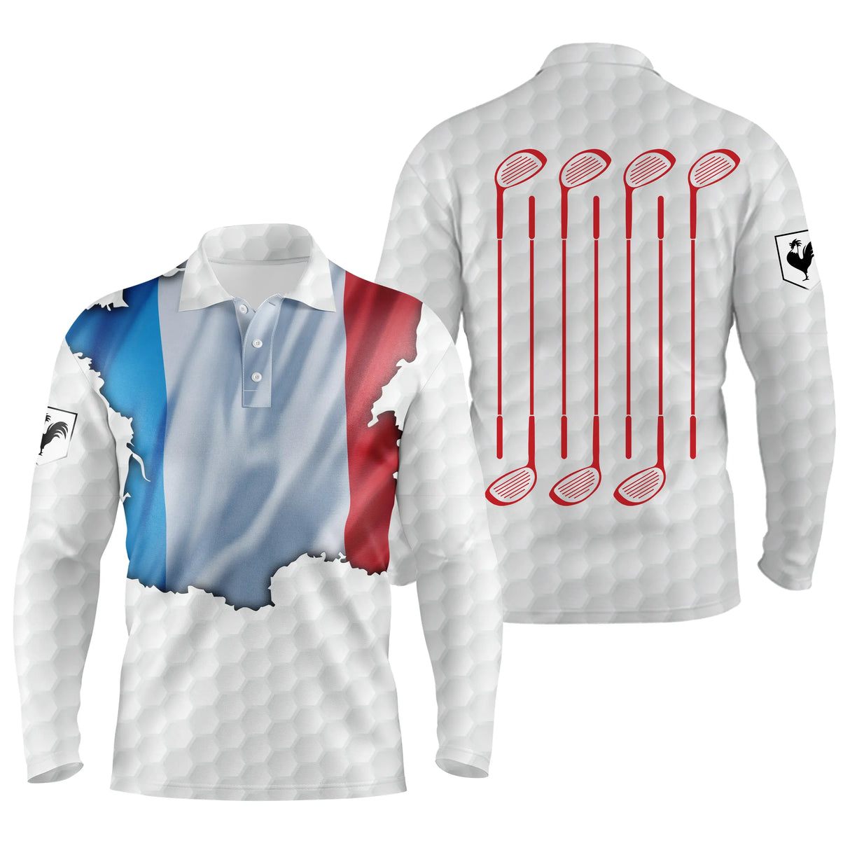 Polo manches longues golf unisexe blanc petit drapeau France carte clubs croisés tissu respirant