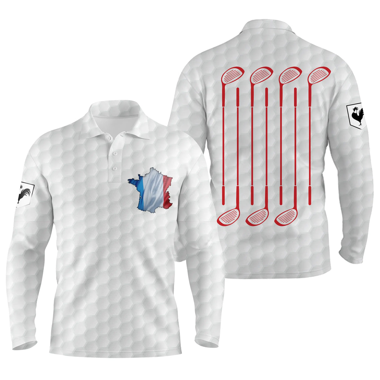 Polo manches longues golf unisexe blanc grand drapeau France carte clubs croisés tissu respirant