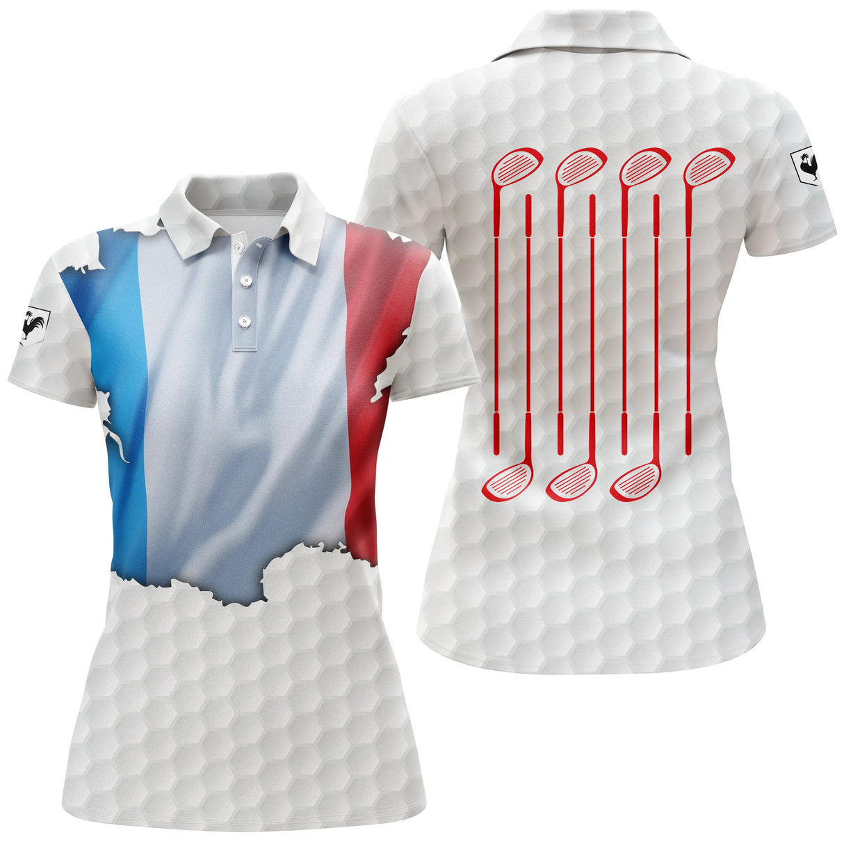 Polo golf femme blanc petit drapeau France carte tricolore clubs croisés coupe cintrée tissu respirant
