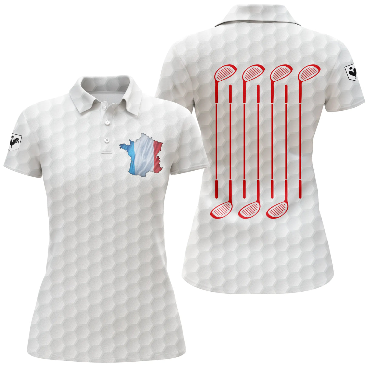 Polo golf femme blanc grand drapeau France carte tricolore clubs croisés coupe cintrée tissu respirant