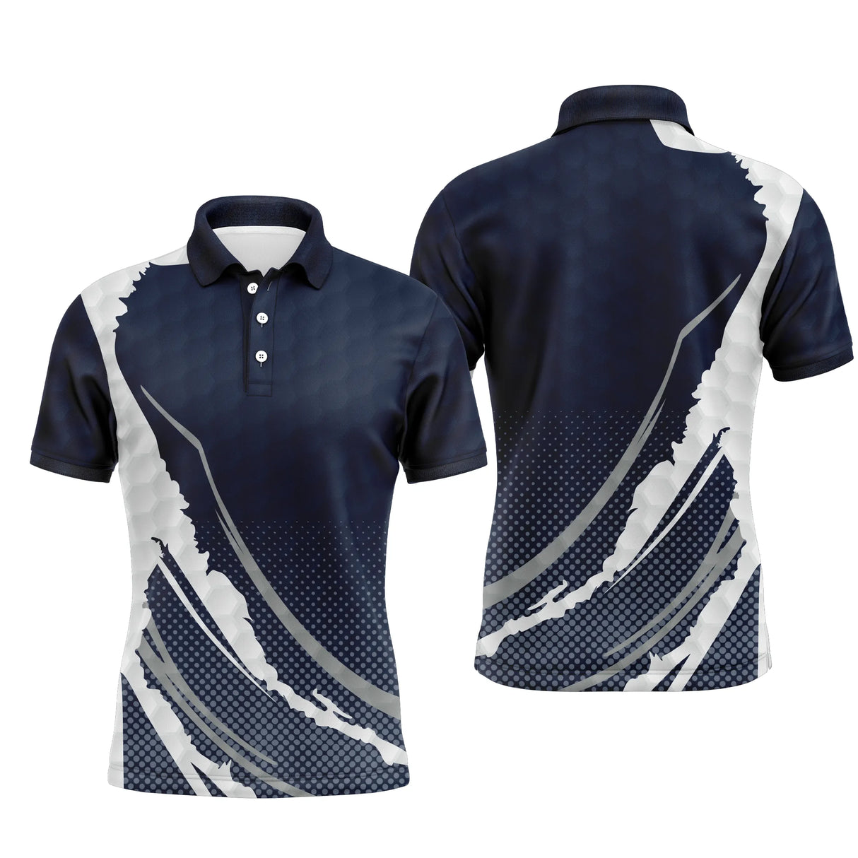 Polo sport homme bleu marine profond bande blanche grunge diagonale épaule éclats balle de golf gris coupe ajustée