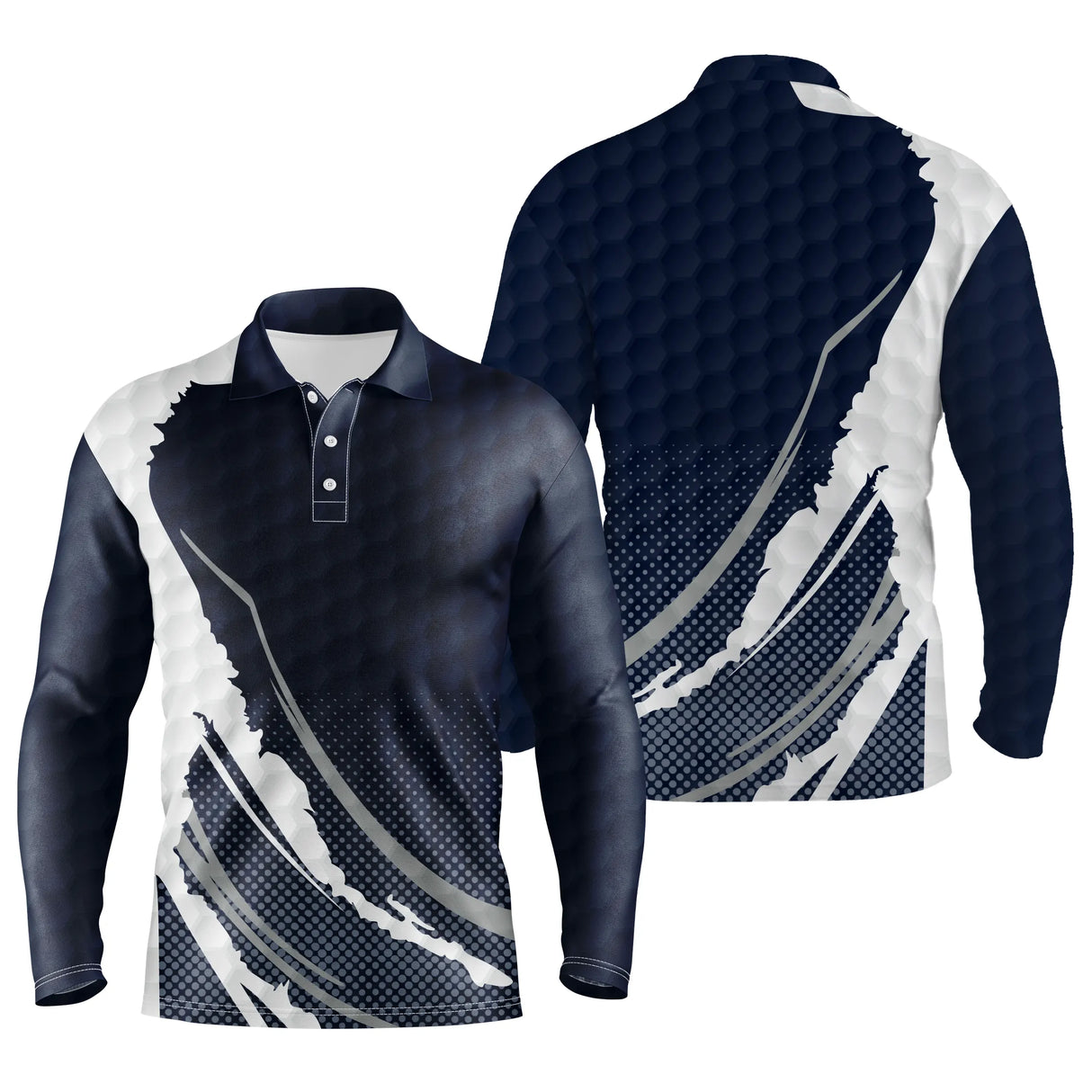 Polo manches longues sport unisexe bleu marine bande blanche grunge diagonale éclats balle tissu respirant