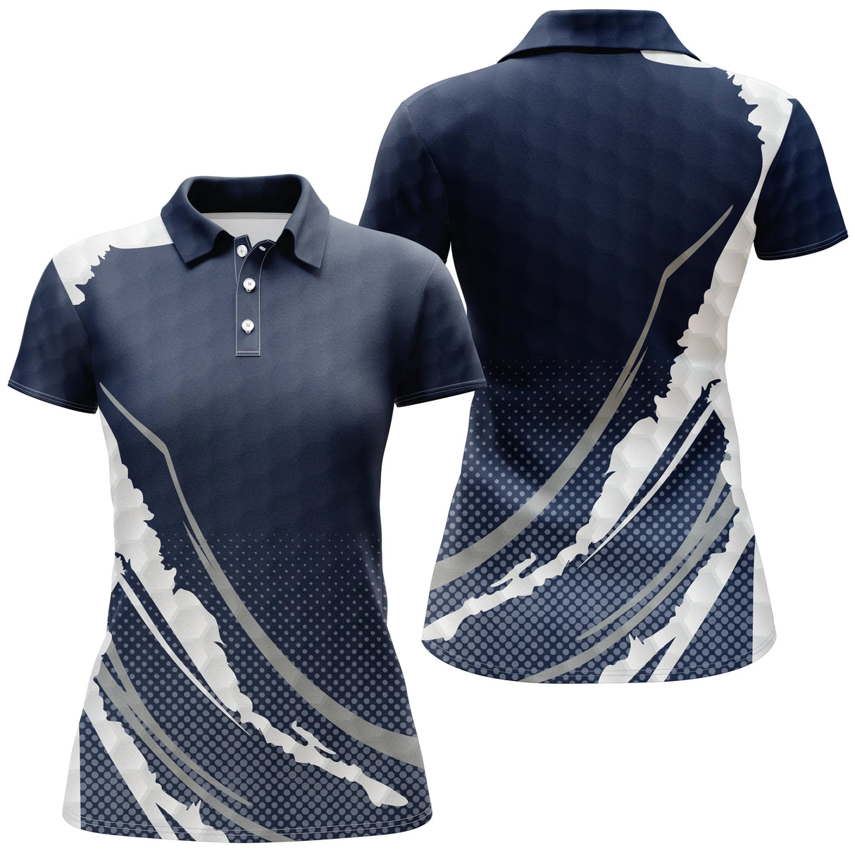 Polo sport femme bleu marine bande blanche grunge diagonale éclats balle de golf coupe cintrée tissu respirant