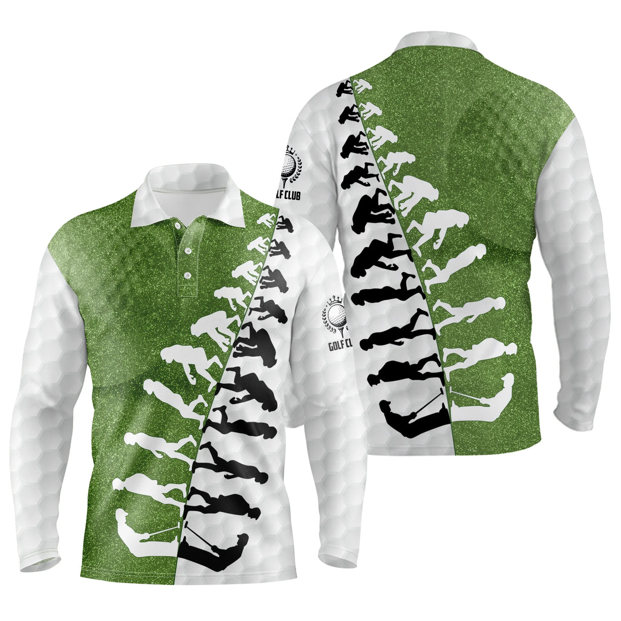 Polo manches longues golf unisexe bicolore blanc vert prairie frise évolution silhouettes golfeurs tissu respirant