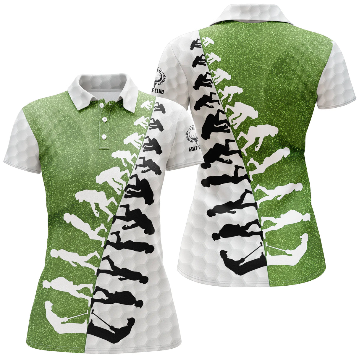Polo golf femme bicolore blanc vert prairie frise évolution silhouettes golfeurs coupe cintrée tissu respirant