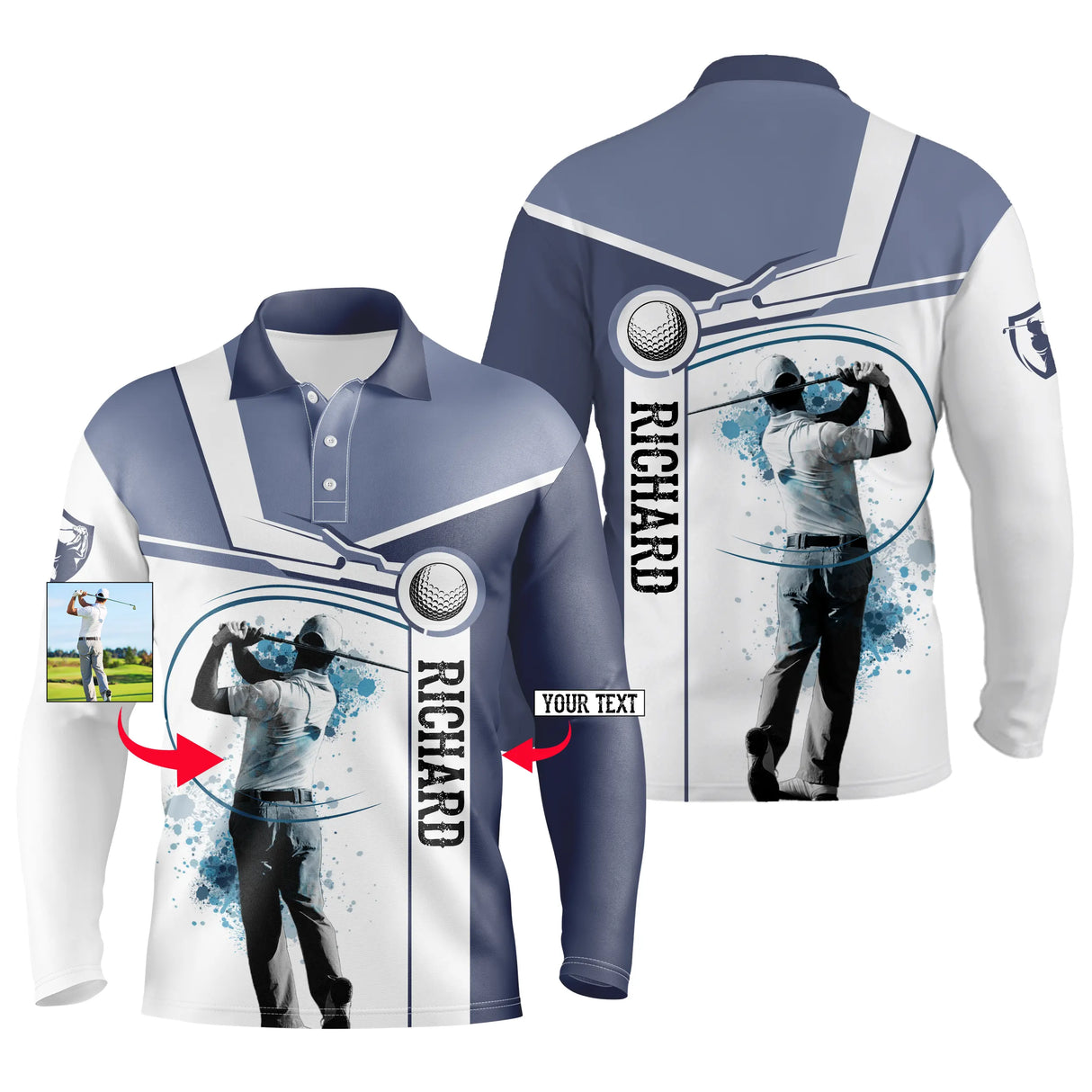 Polo manches longues golf unisexe bleu marine et blanc silhouette golfeur médaillon photo bandeau prénom personnalisé