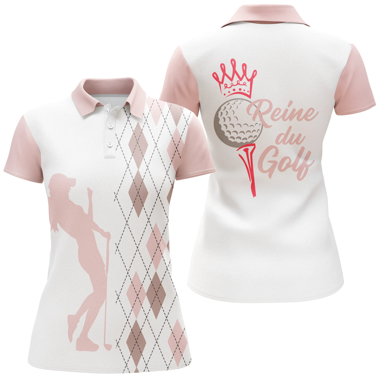 Polo golf femme argyle bleu lagon silhouette golfeuse swing slogan Reine du Golf couronne balle tee coupe cintrée