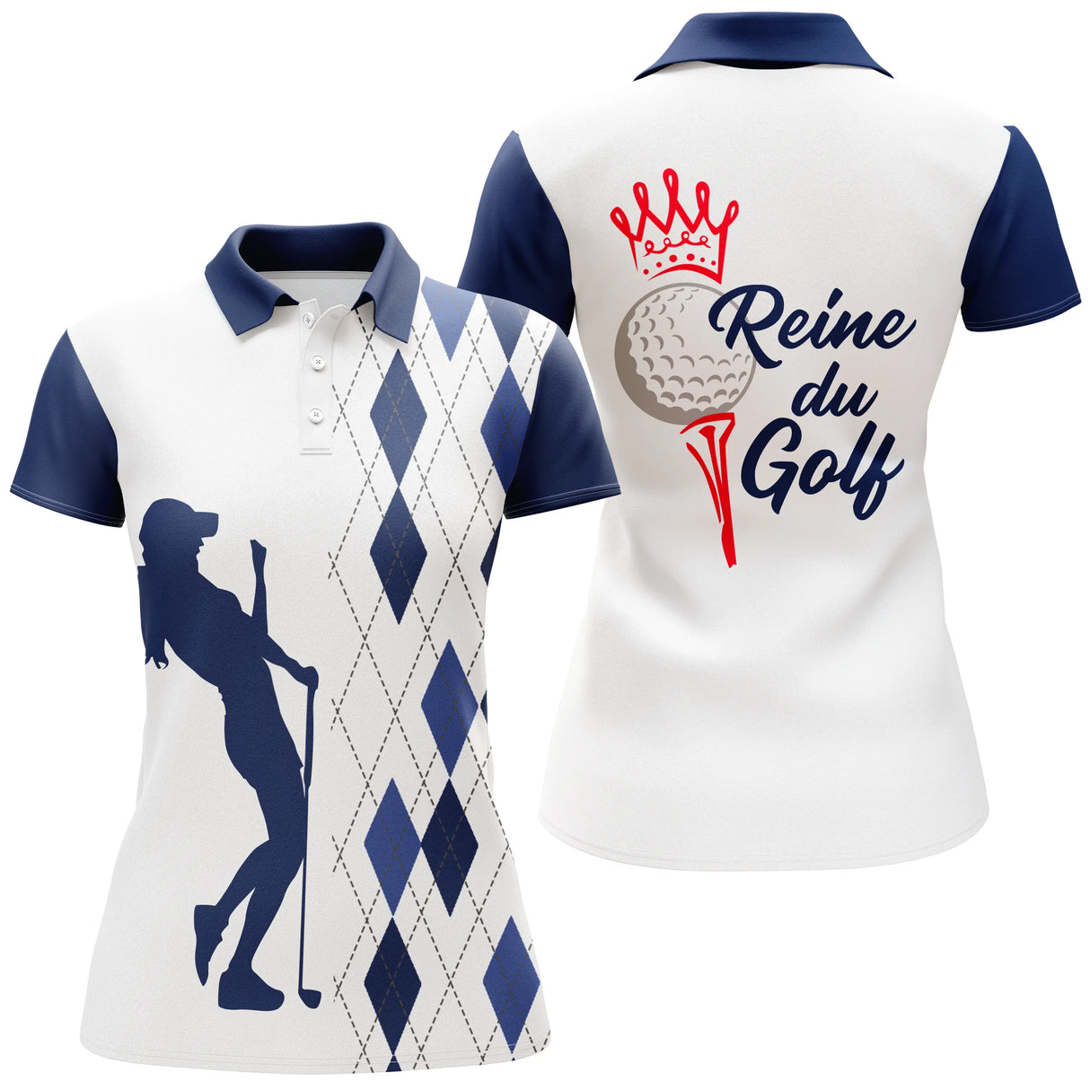 Polo golf femme argyle bleu marine silhouette golfeuse swing slogan Reine du Golf couronne balle tee coupe cintrée