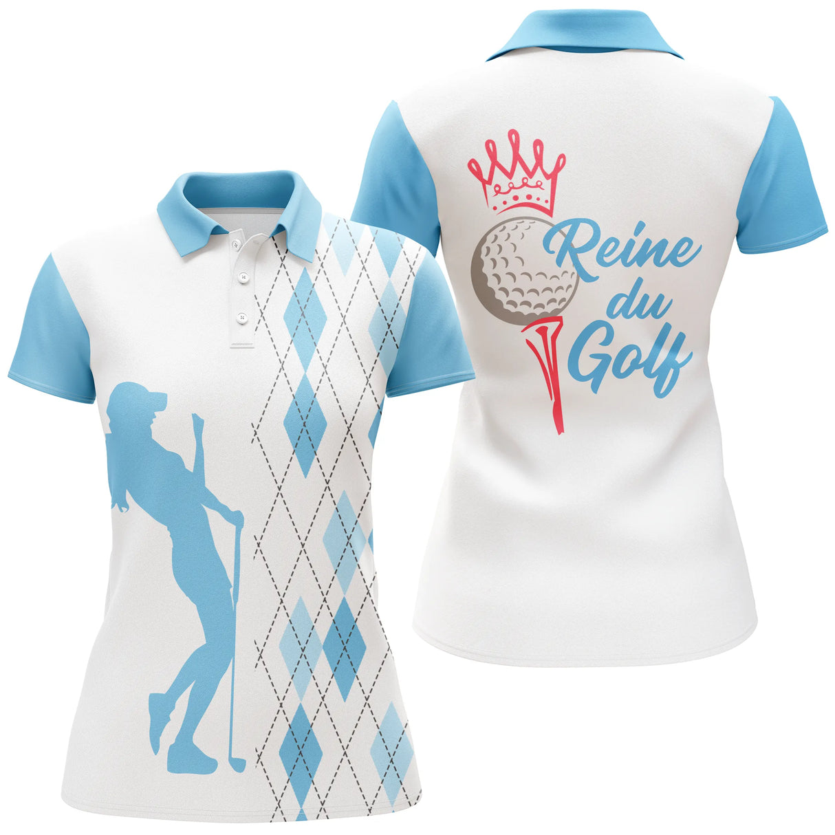 Polo golf femme argyle rose vif silhouette golfeuse swing slogan Reine du Golf couronne balle tee coupe cintrée