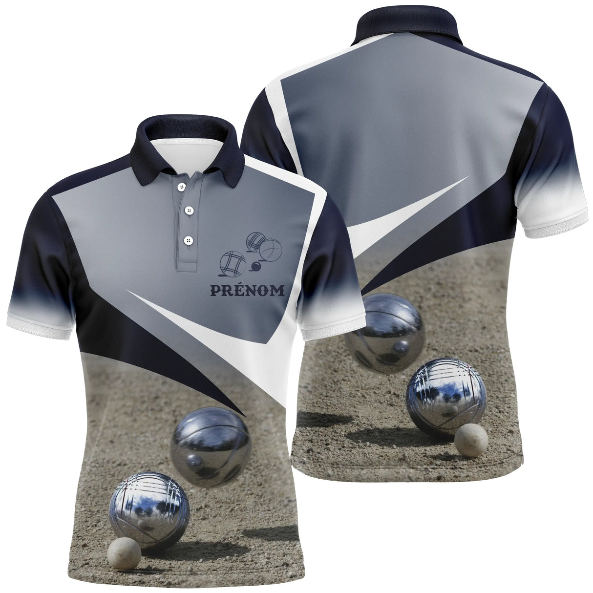 Polo pétanque noir gris bleu homme avec boules de pétanque métalliques sur sable, prénom personnalisé