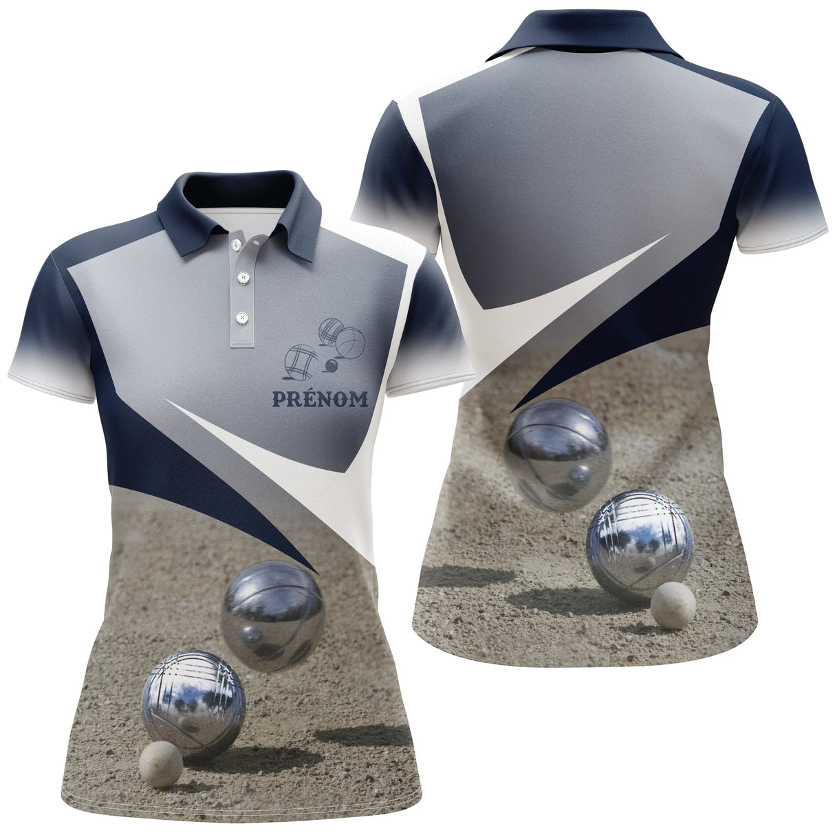 Polo pétanque noir gris bleu femme avec boules sur terrain et écusson, prénom personnalisé