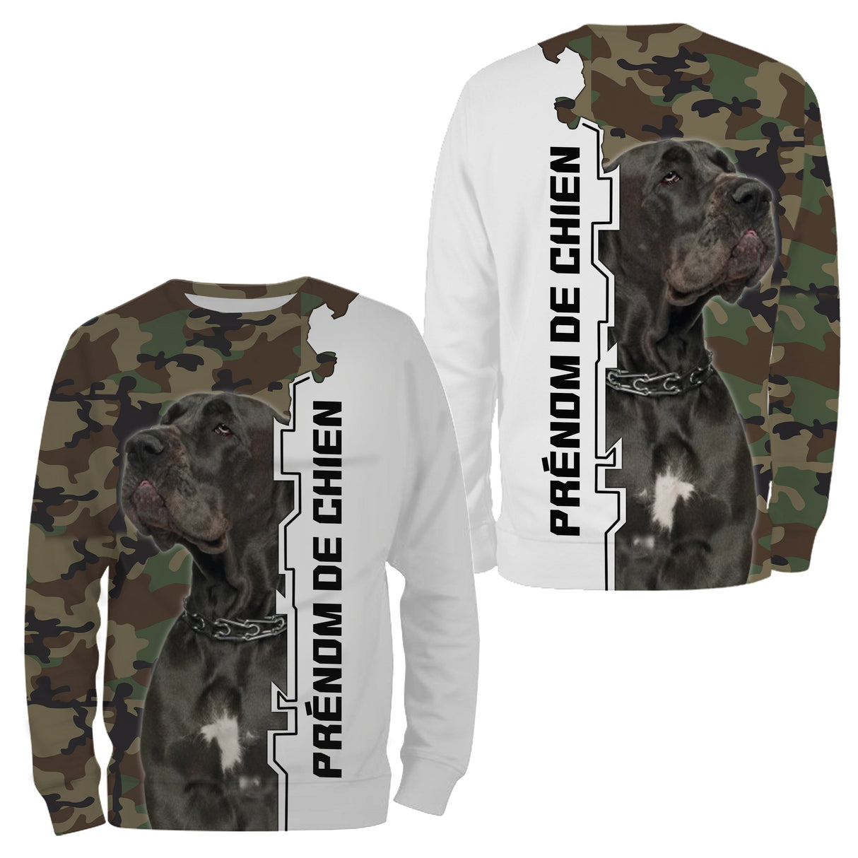 Hoodie Great Dane all-over camouflage vert brun motif Dogue Allemand bleu photo prénom personnalisés cynophile
