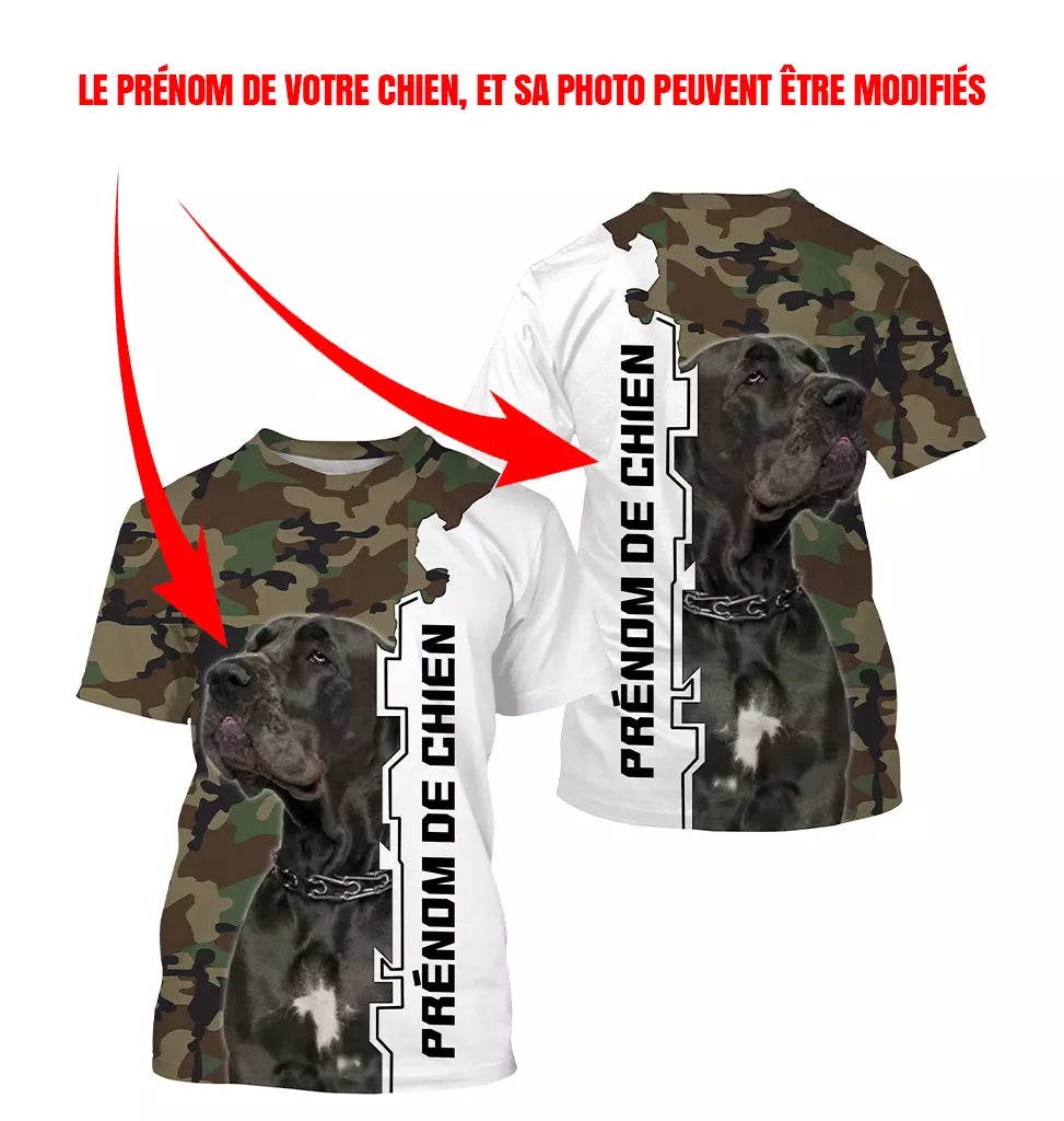 T-shirt chien Dogue Allemand all-over camouflage forêt vert brun motif Grand Danois bleu photo prénom personnalisés