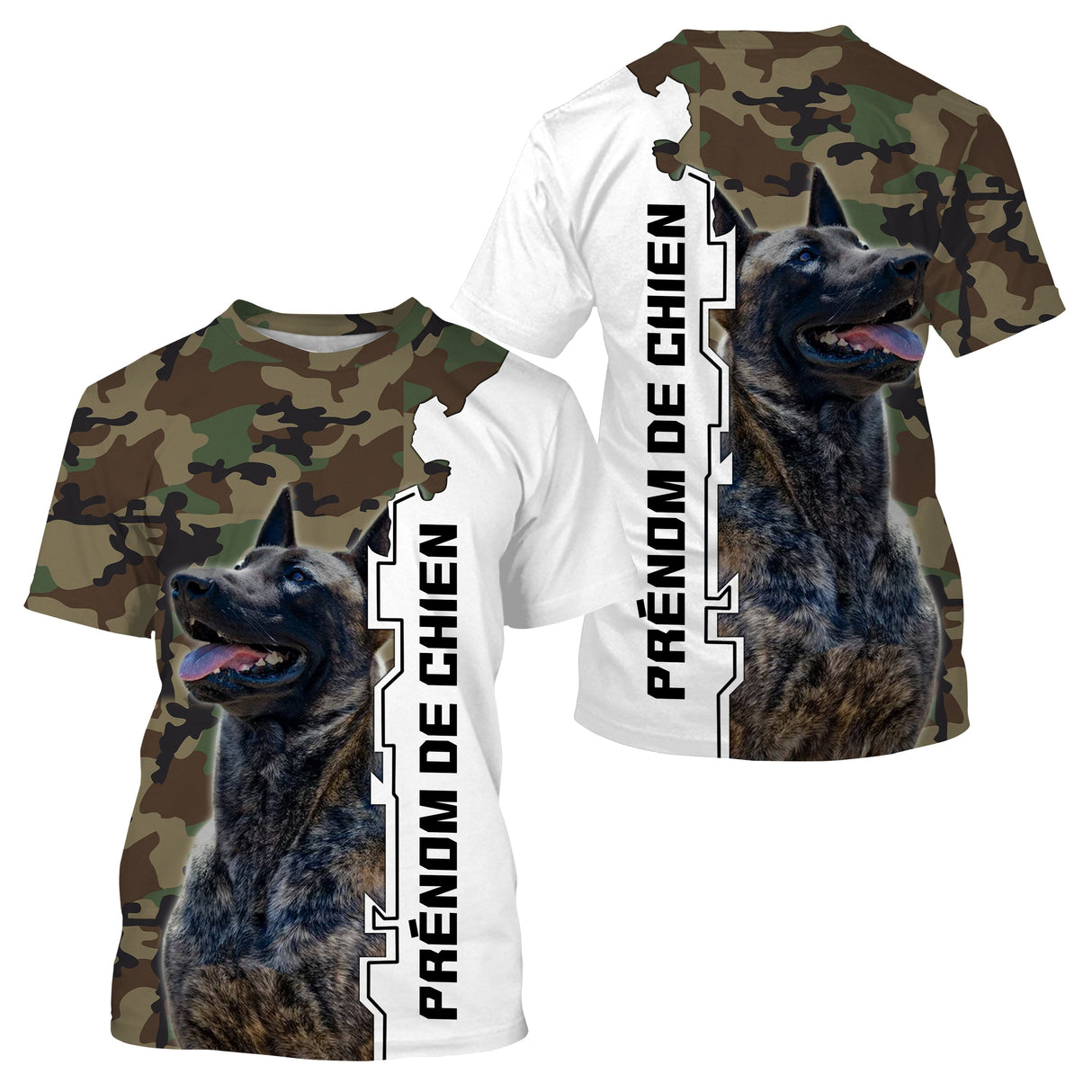 T-shirt manches longues Berger Hollandais all-over camouflage forêt motif Hollandse Herder bringé photo prénom