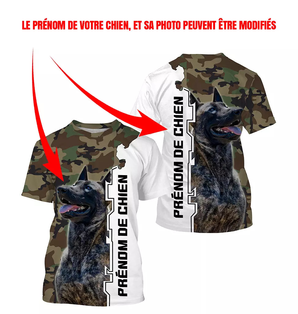 T-shirt chien Berger Hollandais all-over camouflage forêt vert brun motif Hollandse Herder bringé photo prénom personnalisés
