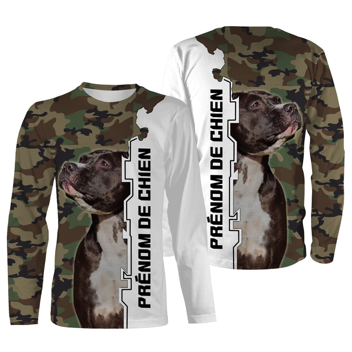 Sweat capuche Staffordshire Bull Terrier all-over camouflage forêt motif Staffie photo prénom personnalisés cynophile