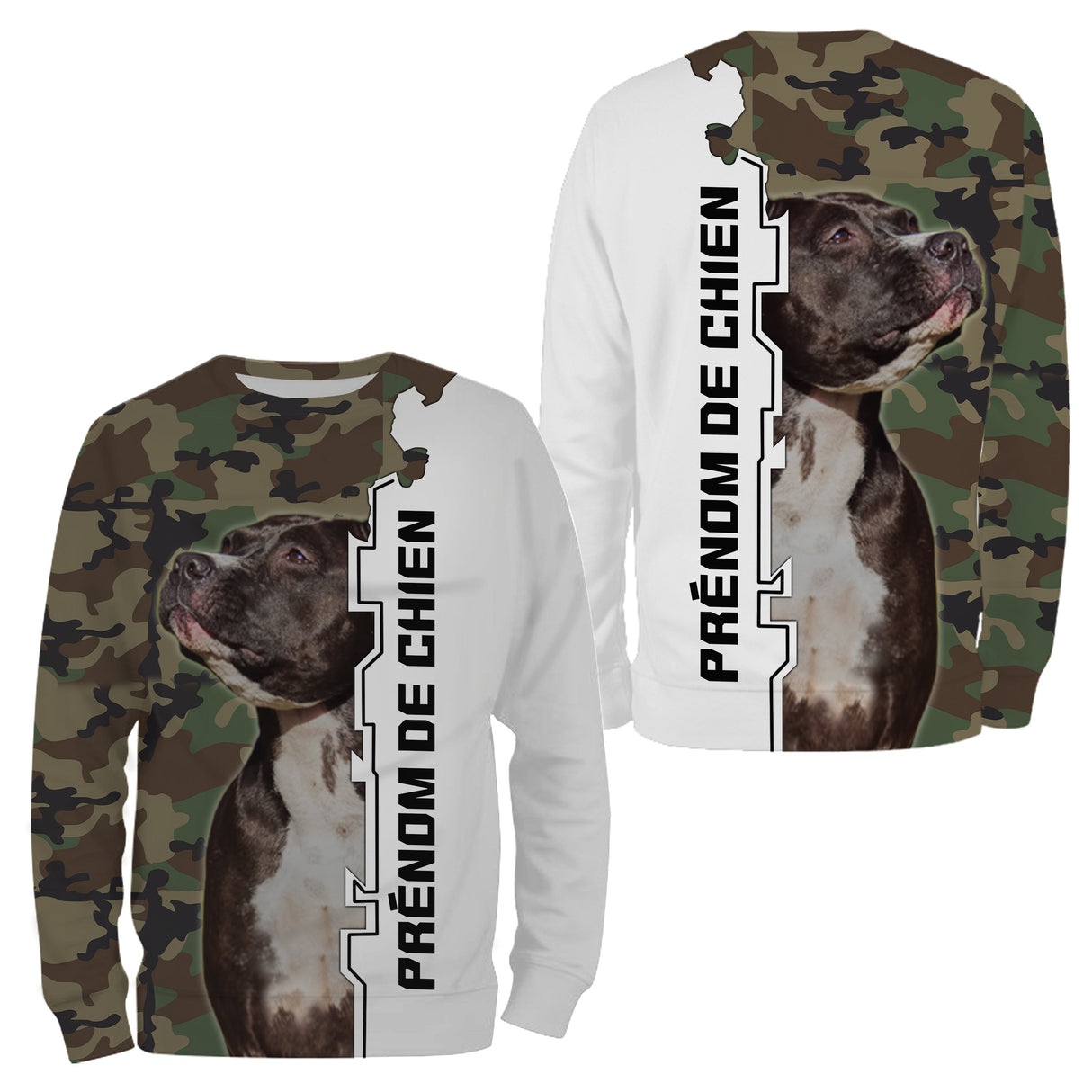 Hoodie Staffie all-over camouflage vert brun motif chien Staffordshire bringé photo prénom personnalisés maître