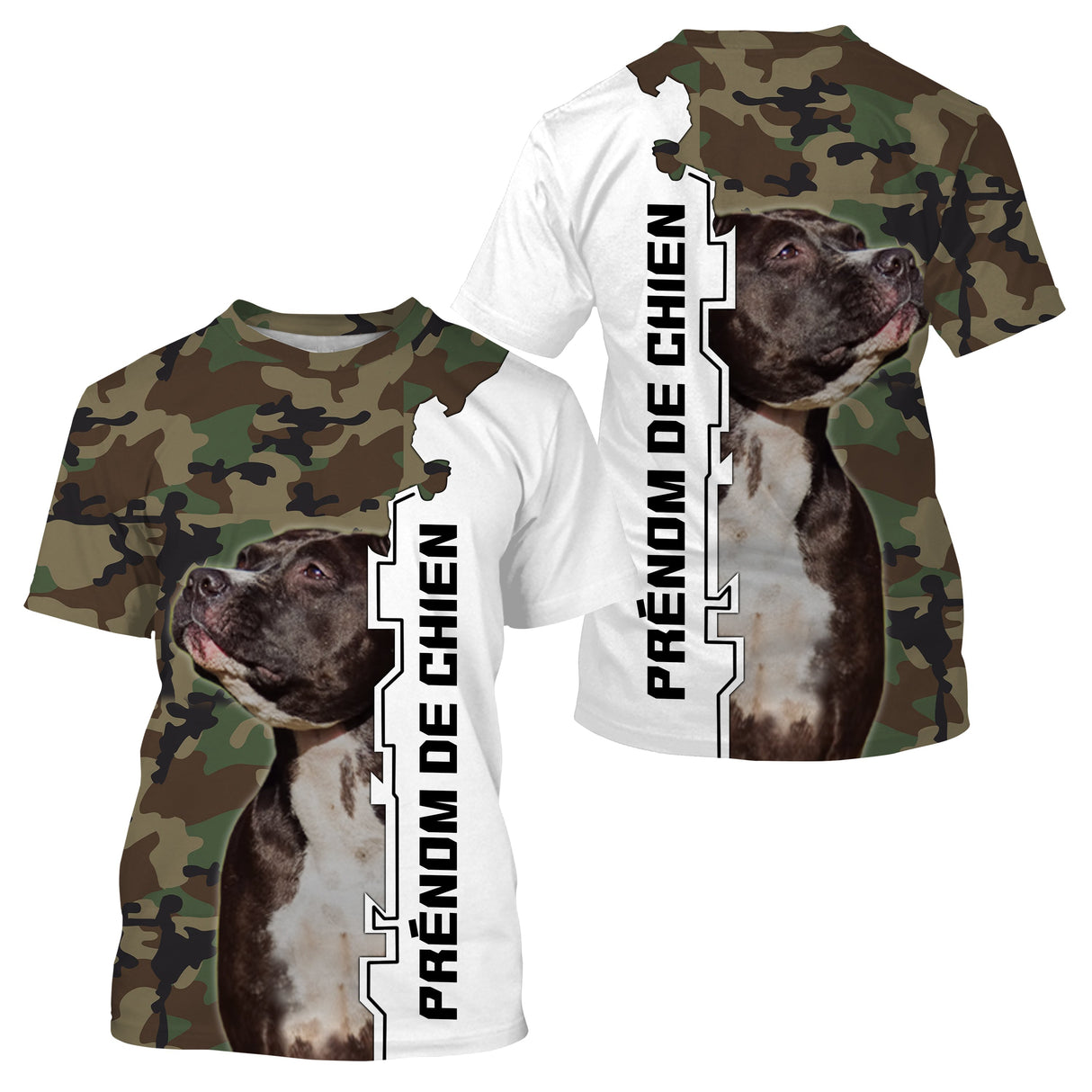 T-shirt manches longues Staffordshire all-over camouflage forêt motif Staffie bringé photo prénom personnalisés
